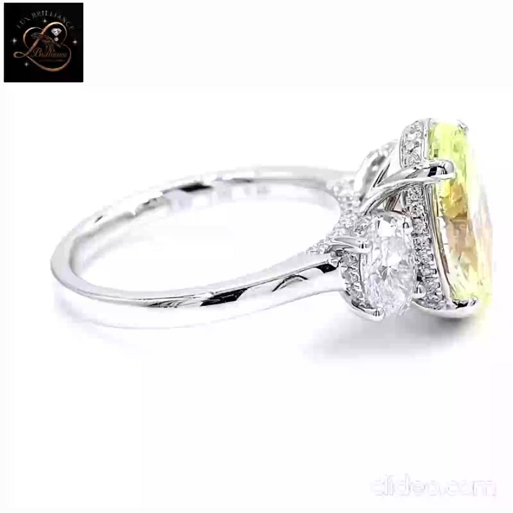 Yellow Oval Cut Three-Stone Engagement Ring | 14K White Gold Hidden Halo Trilogy Ring