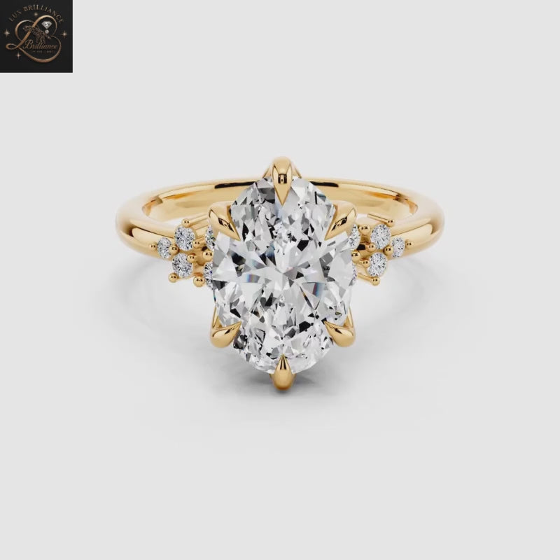 Oval Cut Diamond Bridal Ring with Cluster Accent Shoulders and Tulip Petal Basket