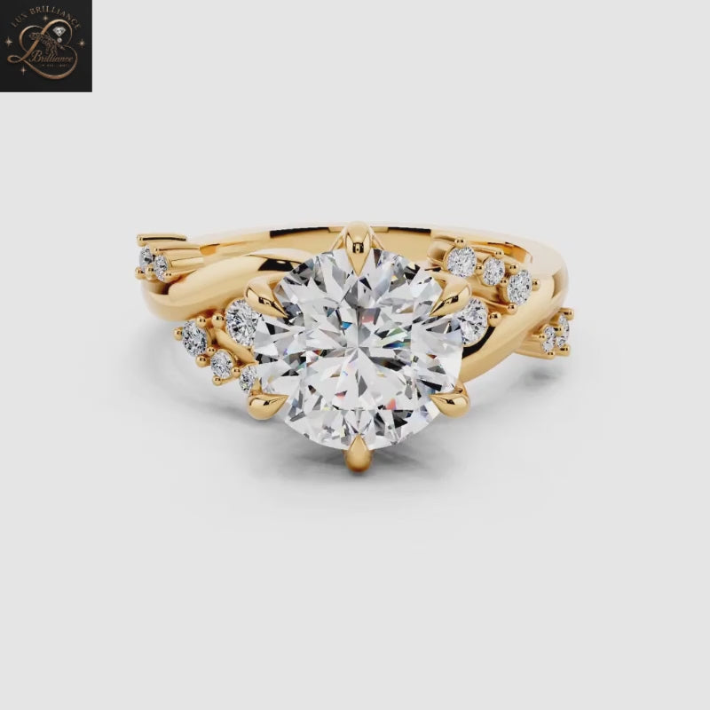 Unique 2.5 CT Round Cut Cluster Engagement Ring | 14K Yellow Gold Tulip Solitaire Ring