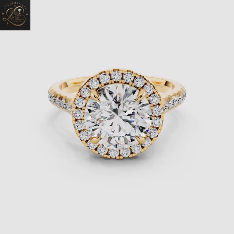 2 CT Round Brilliant Cut Diamond Halo Engagement Ring with Pavé Band | 14K Yellow Gold Promise Ring