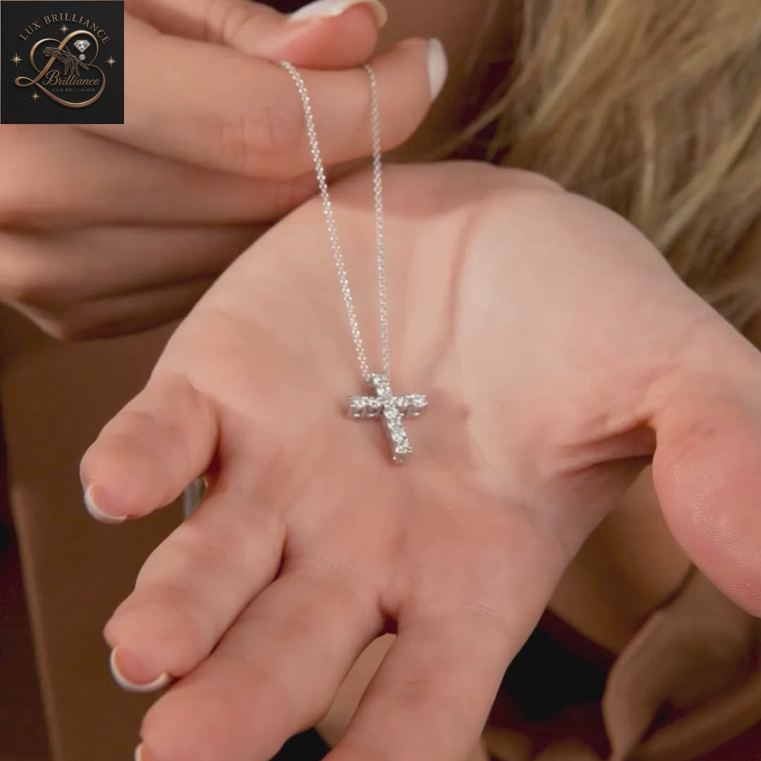 Elegant Round Cut Diamond Cross Necklace | 14k White Gold | Surprise Gift