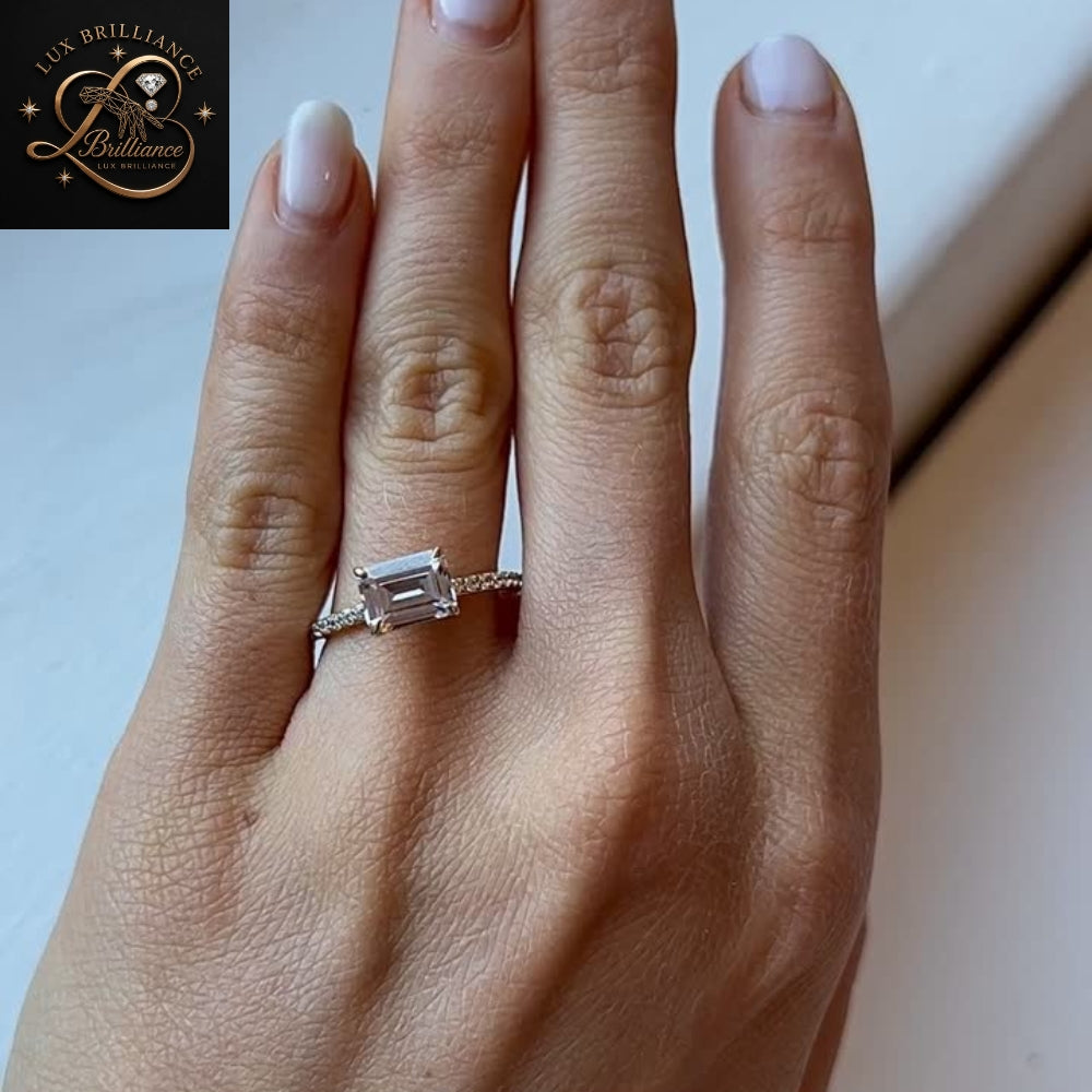 East West Emerald Cut Lab Diamond Engagement Ring | 14K Yellow Gold Pave Diamond Band | Solitaire Ring